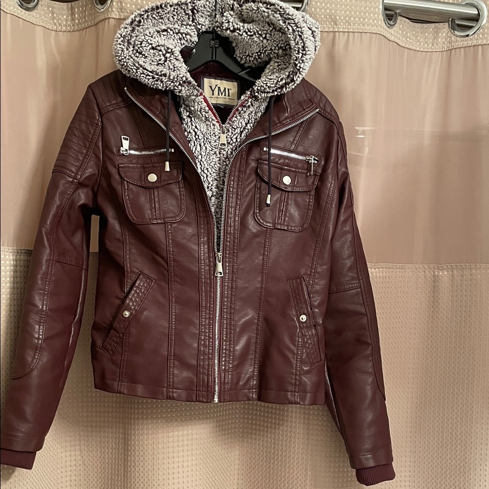 YMI Women's Maroon Faux Leather Jacket with Sherpa Hood